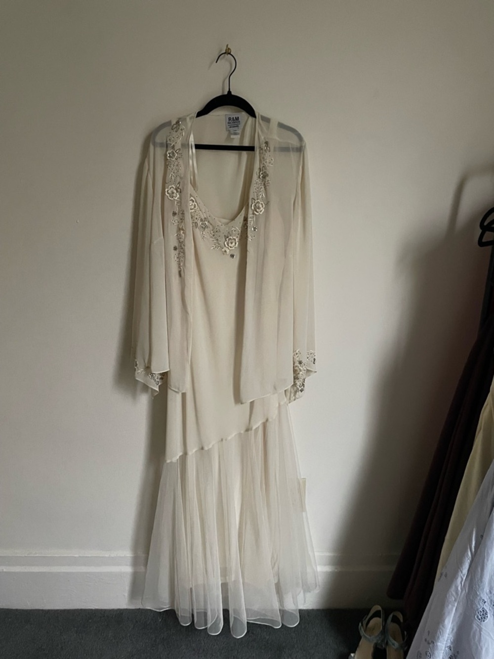 R&M Richards Ivory Sheer Beaded Maxi Dress with Overlay